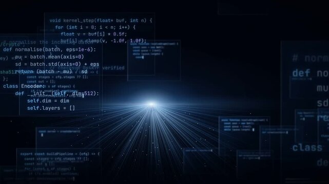 Programming code windows floating over glowing light burst on dark blue technology background