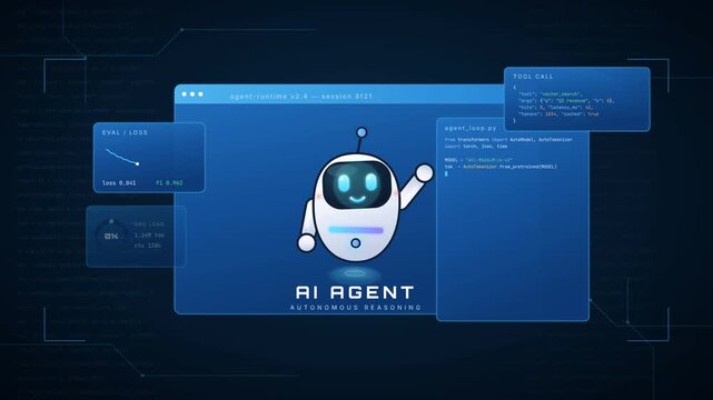 AI agent interface animation with robot character code panels and tool call dashboard widgets