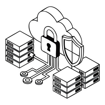 Isometric cloud security vector with network servers, padlock, and protective shield, concept for cybersecurity, data protection, and secure storage, ideal for technology infographics, IT banners,