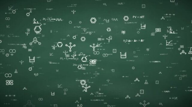 Chemistry formulas and molecule symbols drifting on green chalkboard science background