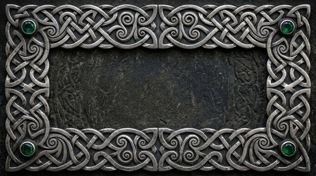 Silver Celtic knotwork frame on dark textured stone.