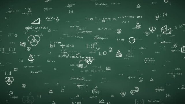 Mathematics and physics formulas drifting on green chalkboard education science background