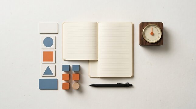 Open lined notebook with black pen, desk clock, and colorful geometric shapes