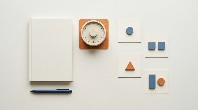 Minimalist desk flat lay with blank notebook, blue pen, timer, and task cards