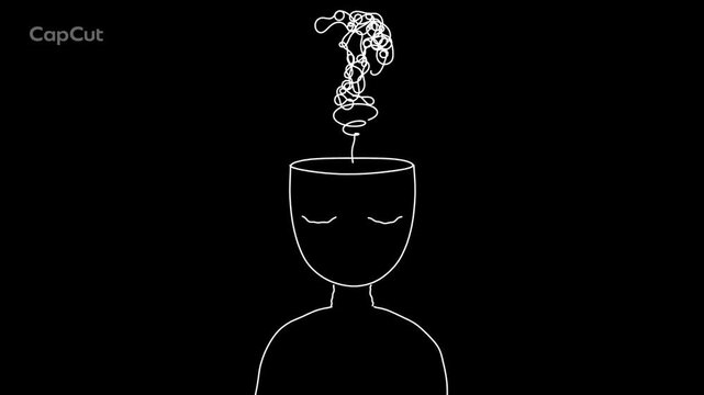 Line art head with tangled scribble unravelling into a straight line clarity concept