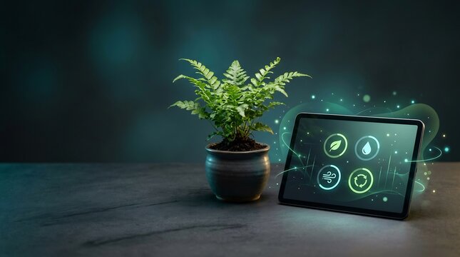 Smart plant monitoring system with tablet showing care icons beside green fern
