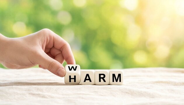 Hand rotating a white block to change the word harm into warm