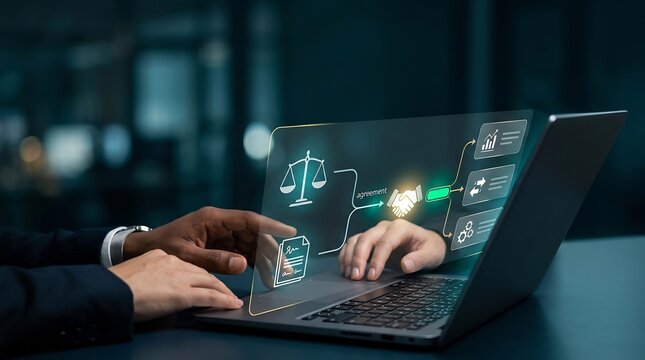 Professional hands using laptop with legal icons and agreement handshake