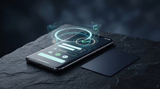 Smartphone with security interface and payment card on dark stone surface