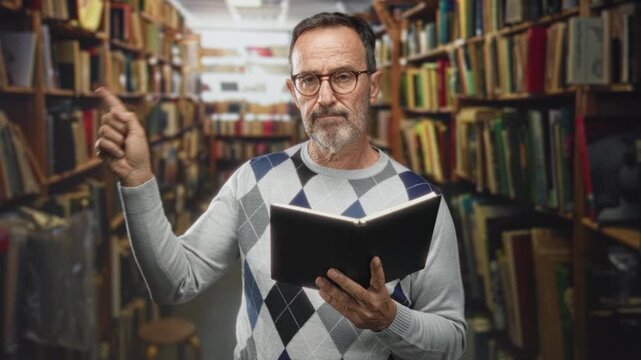 Man with glasses points finger while holding open book in a building aisle between tall bookshelves, reading intently; quiet concentration.