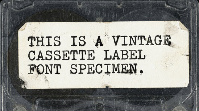Vintage cassette tape label font specimen on aged paper background for retro design projects
