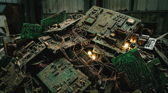 Burning electronic circuit boards with exposed wires and smoke in dark industrial setting