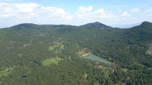 Aerial View of Karagol Lake Surrounded by Dense Green Pine Forest in Izmir Turkey. High quality 4k footage