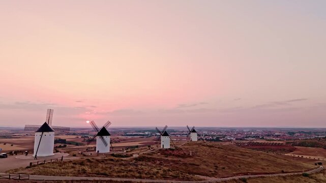 Aerial view of don quixote windmills at sunset in spain