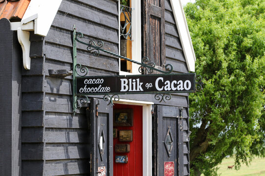 Blik op Cacao sign on wooden building at Zaanse Schans, Netherlands