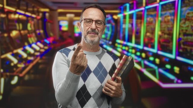 Man holding books and making a pinched fingers gesture inside a casino building lined with colorful slot machines; temptation risk.