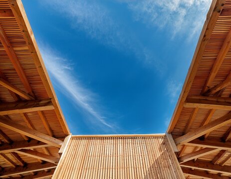 symmetrical wooden roof truss perspective with exposed beams and open sky view for architectural background and poster design