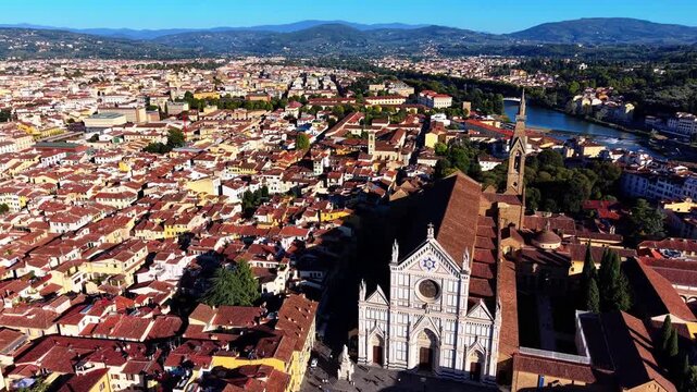 Aerial Drone View of Santa Croce Basilica and Arno River Panorama Over Historic Florence Italy