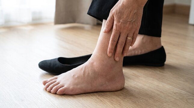 Diabetes care: Older adult examines swollen ankle, highlighting edema and lower-limb complication awareness