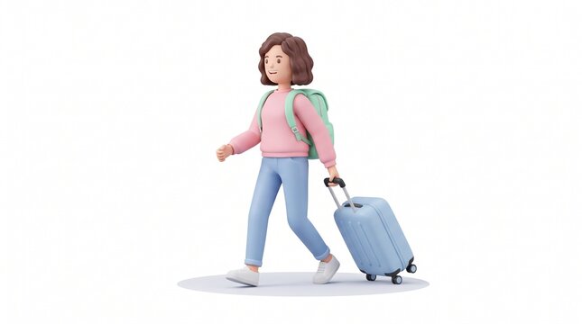3D Rendered Female Traveler Character in Hoodie Pulling Yellow Luggage on White Background