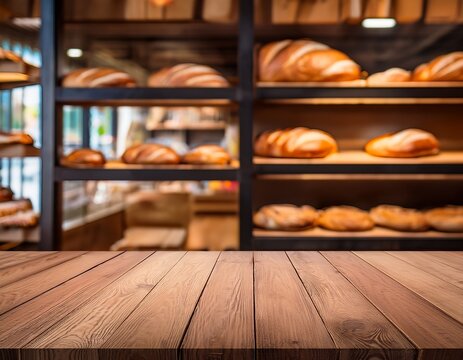 empty wooden table in front with the blurred bakery is background