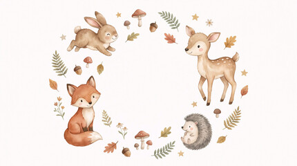 Obraz premium Cute Watercolor Woodland Animals Frame with Fox Deer Bunny and Hedgehog