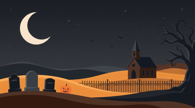 Spooky halloween graveyard scene with old church pumpkin moon and bare tree at night