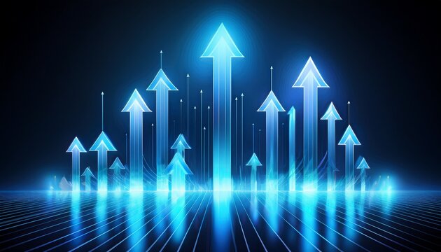 multiple glowing blue holographic arrows pointing upwards signifying strong positive growth and success trends