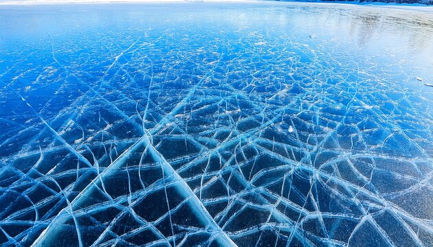 a cracked blue ice surface with intricate patterns possibly on a frozen lake or hockey rink