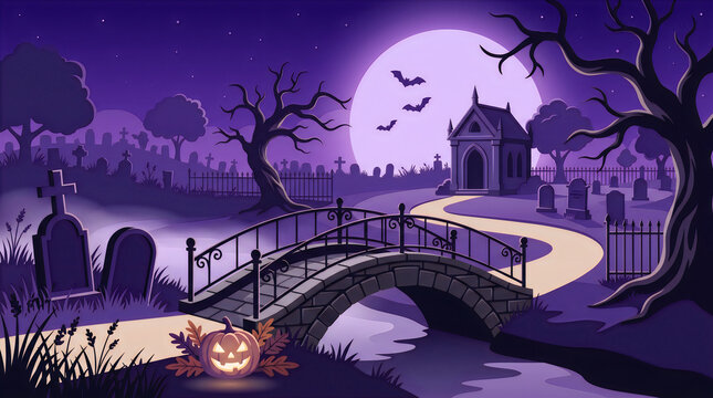 Spooky halloween graveyard scene with full moon and bridge in pixel art style