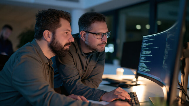 Two programmers working late at night: Two focused software developers collaborate closely, analyzing code on a computer screen in a dimly lit office environment.