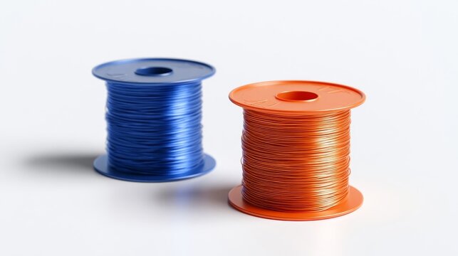 Blue and Orange Electrical Wire Spools on White Background