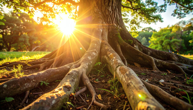 Large tree roots extending across the forest floor with beautiful golden sunlight bursting through the branches in summer season