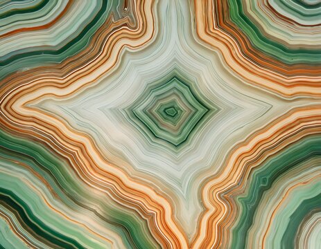 symmetrical agate slab background with muted green and amber banding for refined wallpaper and decorative design