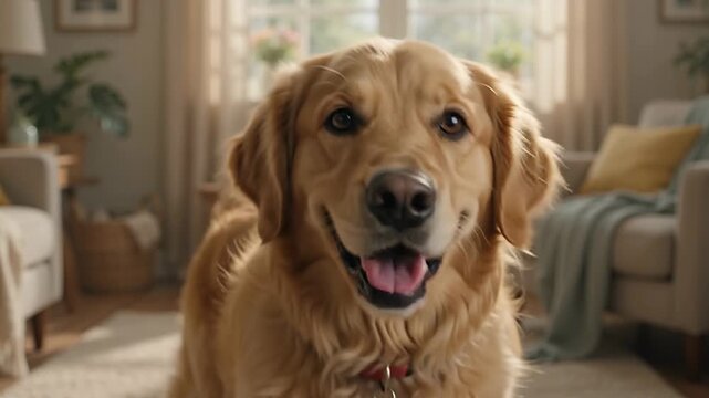 Happy Golden Retriever Dog Sitting in a Cozy Living Room Looking at the Camera