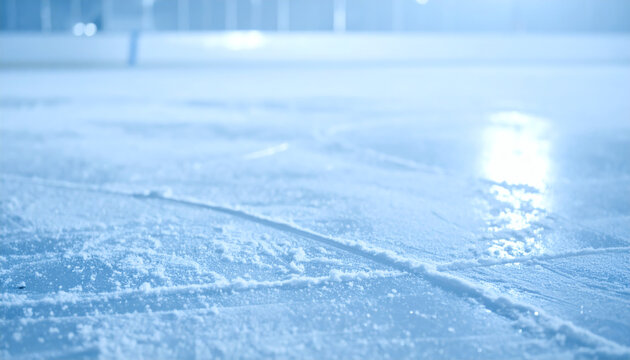 Ice skating rink surface with deep blade marks and scattered snow particles under bright blue artificial stadium lighting at night