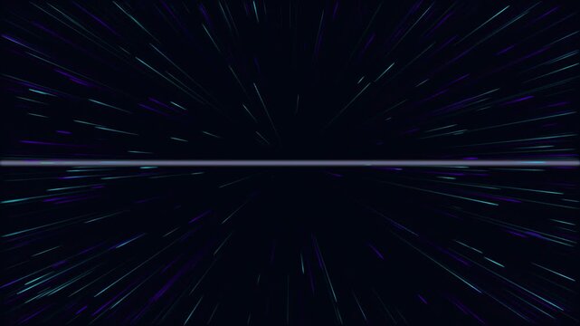 Abstract space background with glowing blue and purple light streaks moving fast in a dark void