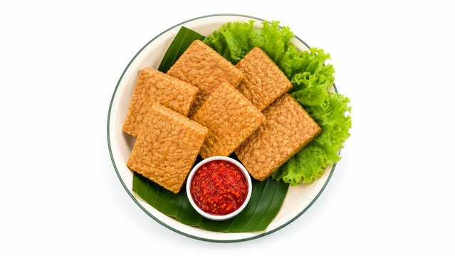 Top view of Indonesian fried tempeh served on banana leaf with spicy sambal chili sauce.