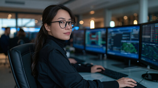Cyber Security Analyst at Work: A focused young woman with glasses, dressed in professional attire, works diligently at her computer workstation in a modern security operations center.