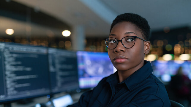 Focused Programmer at Work: A concentrated young woman with short hair and glasses, deeply engrossed in her coding tasks on multiple computer screens in a modern office setting.
