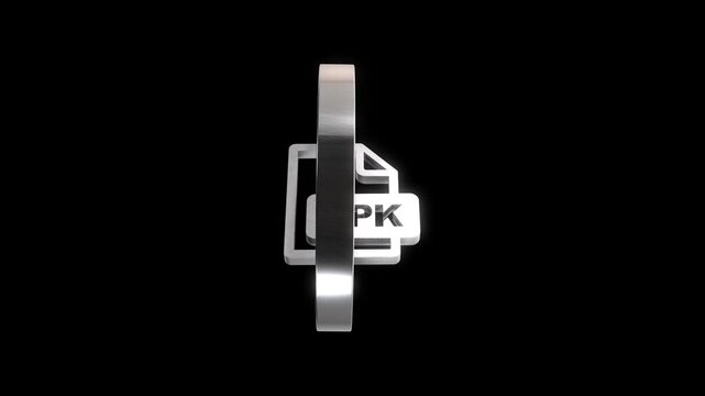 3d metallic apk file icon spinning on black background for software development.