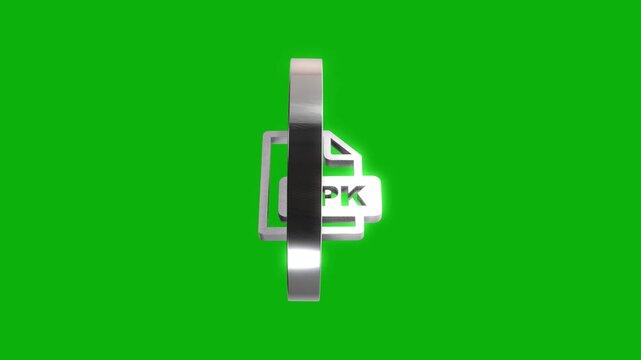 Silver chrome APK file format icon rotating in glossy metallic ring on green screen background.