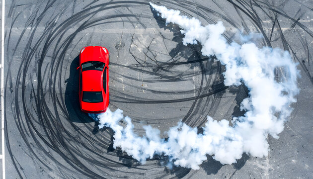 Red sports car drifting on asphalt creating circles of thick white smoke viewed from a high angle aerial perspective