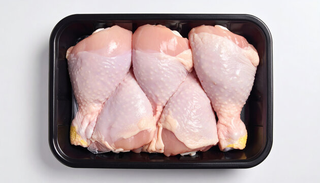 Raw chicken drumsticks arranged neatly inside a black plastic food tray on a plain white isolated studio background surface