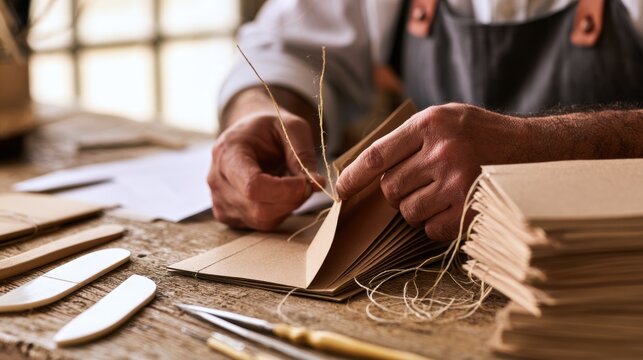 Hands stitch folded paper into bookbinding craft with twine and cardboard covers. Tools and stacked signatures sit on worn worktable during manual assembly
