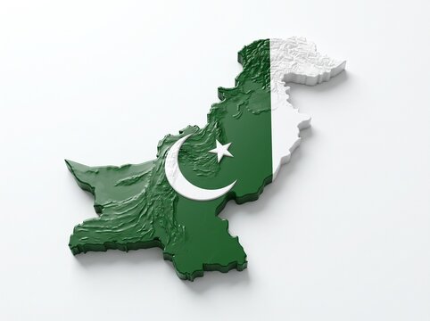 A 3D relief map of Pakistan featuring a detailed topographic terrain texture and national flag overlay on white. (18 words)