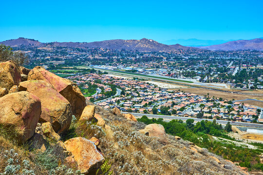 Mt Rubidoux Rocky Outcrop Overlooking San Bernardino Suburban Neighborhood California