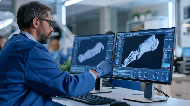 Scientist Analyzing Medical Scan: A focused scientist in a laboratory setting meticulously examines a 3D medical scan of a human foot on dual computer monitors, wearing gloves and a lab coat.