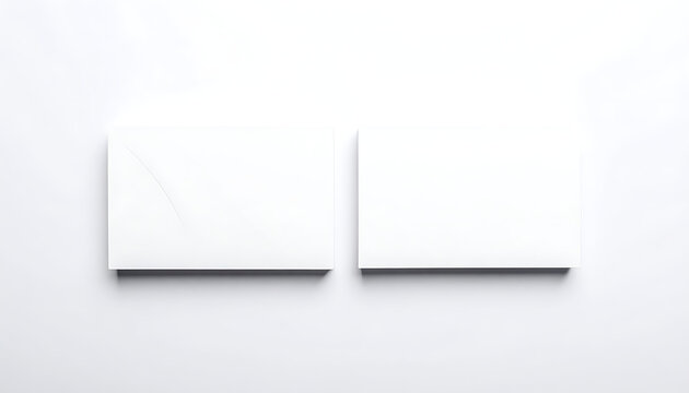 Two blank white rectangular cards or business cards facing front on a seamless white backdrop, isolated