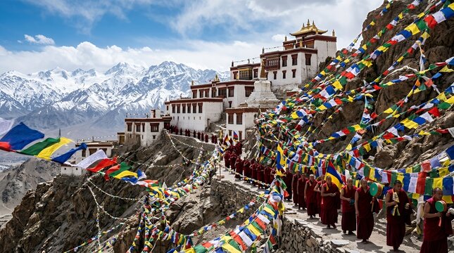 Tibetan monastery on a mountainside with prayer flags.